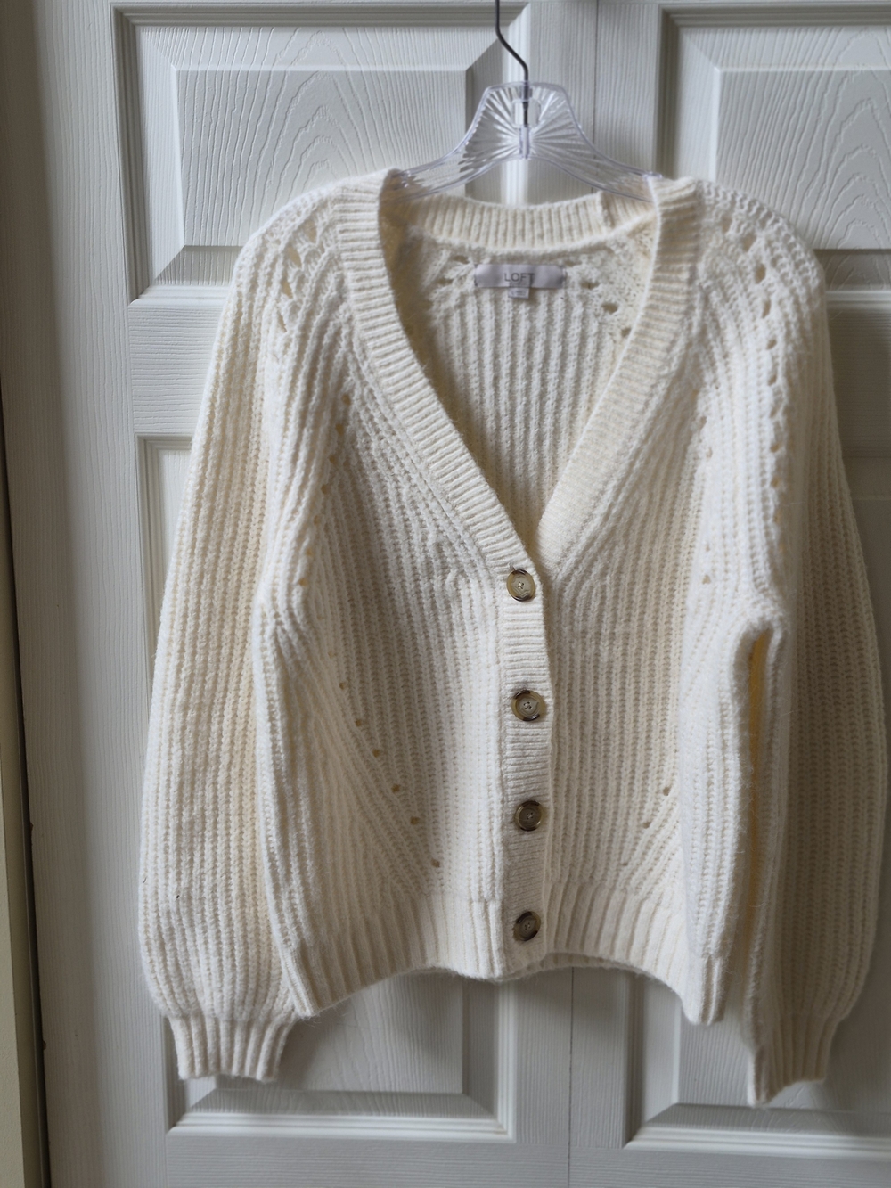 LOFT Cream Ribbed V‑Neck Button Cardigan - Picture 4 of 15